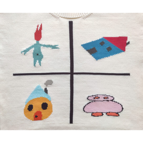 A close up of the abstract monster figures shown on the beige knit t-shirt. Featuring the colours red, yellow, blue, light blue, pink, orange and mint.