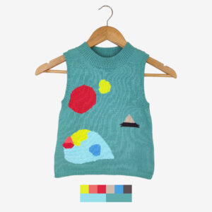 A multi coloured intarsia knit vest on a rack, the catalogue photo of a Collage No.1 vest.