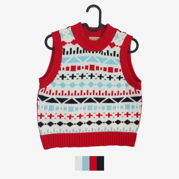 A colourful fair isle knit vest on a rack, with the colours red, black, white and light blue, a catalogue shot. The fair isle shapes includes a plus symbol, squares, straight lines and triangles.