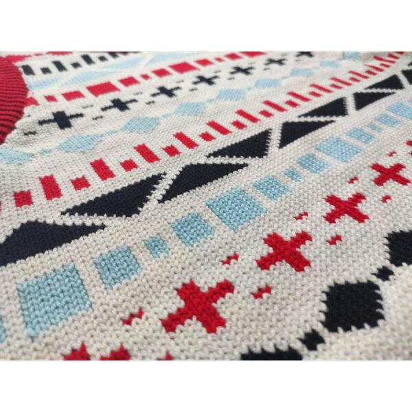 A close up shot of a fair isle knit vest, showing the details of the fair isle.