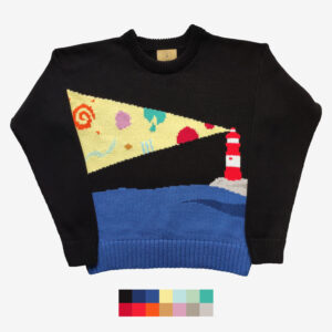 An abstract lighthouse themed sweater on which the light beam features colourful geometrical shapes, a catalogue shot.