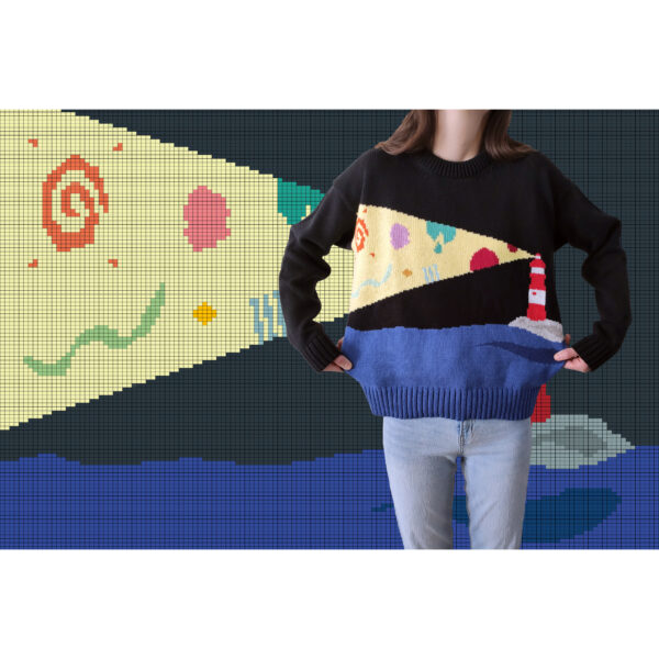 A young woman standing with her knit sweater on, in front of a decorative pixel background.