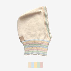 The catalogue photo of a beige knit balaclava with colourful stripes on the neck band.