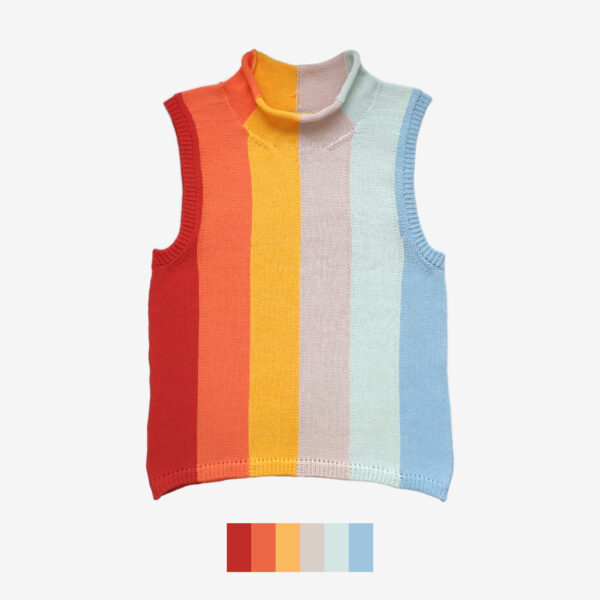 The catalogue shot of the rainbow coloured knit vest with vertical stripes.