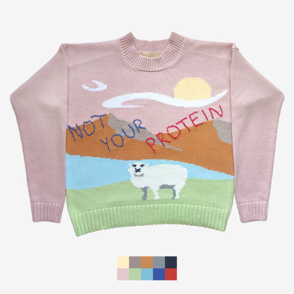 The catalogue shot of a sweater, featuring a sheep in front of the mountains and a lake, with the text ''Not Your Protein'' embroideried on the top.