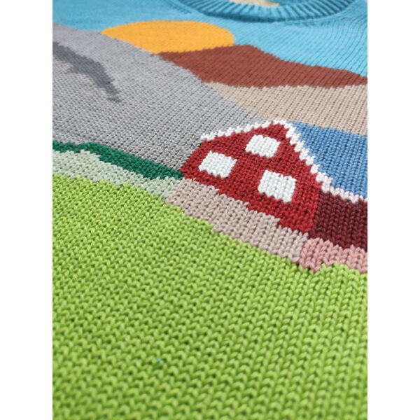 A close up shot of the house on the landscape ''Nuuk'' sweater.
