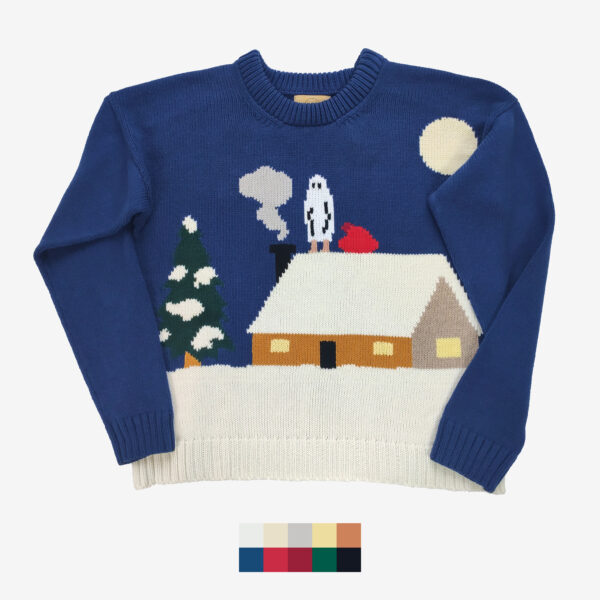 The catalogue shot of an christmas themed knit sweater which features a ghost stuck on the rooftop of a house on a snowy day, having trouble to get in by the active chimney with it's present bag, alluding to Santa Claus.