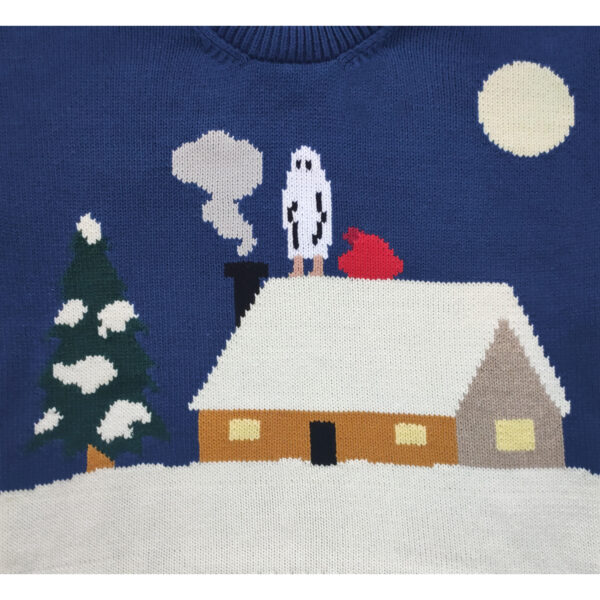 A close up shot of an christmas themed knit sweater which features a ghost stuck on the rooftop of a house on a snowy day, having trouble to get in by the active chimney with it's present bag, alluding to Santa Claus.