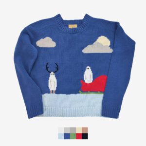 The catalogue shot of an christmas themed sweater which features two ghosts, one wearing antlers and the other one in a sleigh, alluding to Santa Claus and Rudolph.