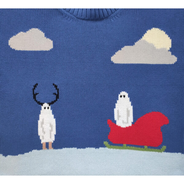 A close up shot of an christmas themed intarsia sweater which features two ghosts, one wearing antlers and the other one in a sleigh, alluding to Santa Claus and Rudolph.