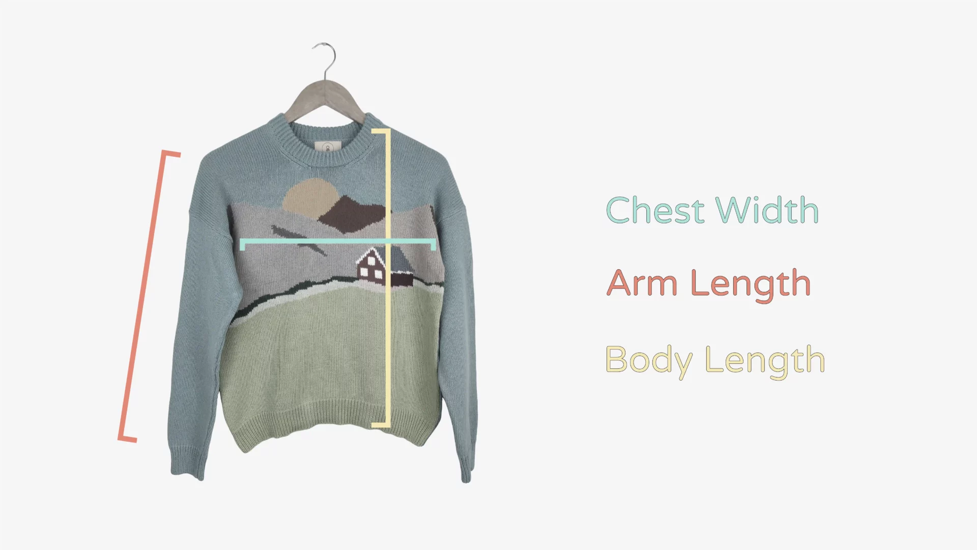 A custom size guide showing how to take measurements for a custom sized product. Chest width, arm length and body length are displayed.