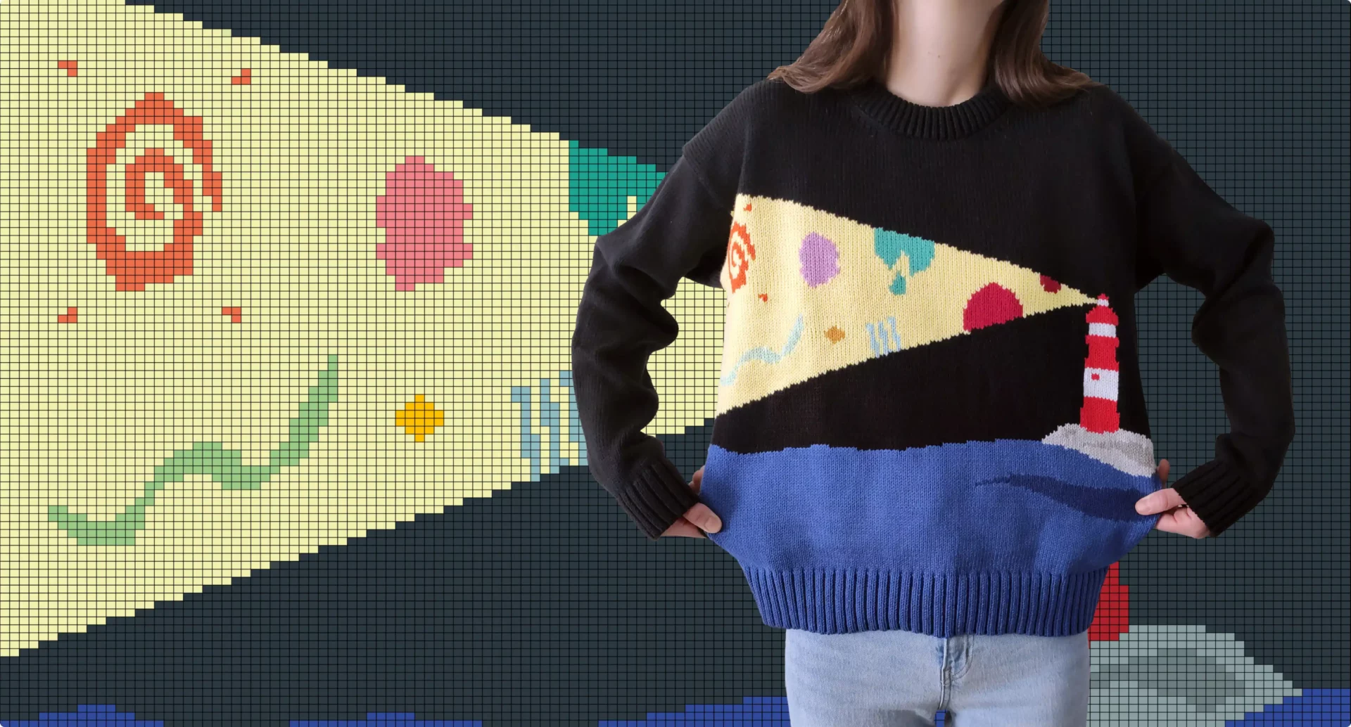 A young woman standing with her knit sweater on, in front of a decorative pixel background.