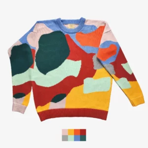The catalogue shot of an intarsia knit sweater featuring abstract shapes in various colours.