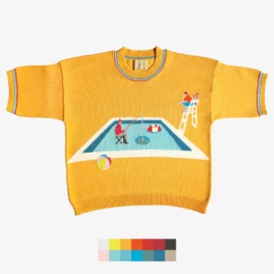The catalogue shot of A Global Warning, a handmade knit t-shirt depicting a fisherman and a lifeguard on a frozen swimming pool.