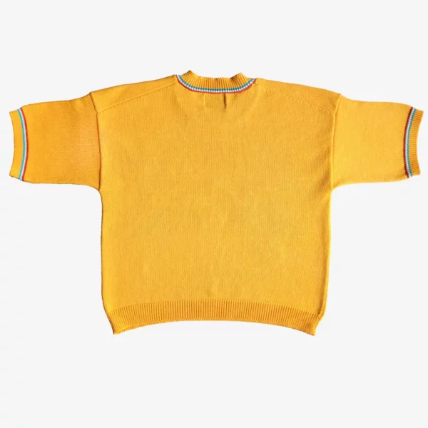 The catalogue shot of A Global Warning from the back, a handmade knit t-shirt by Knyt, with a plain yellow colour.