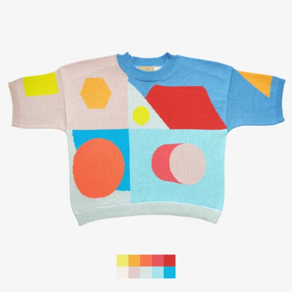 The catalogue photo of the Day Shift, a handmade knit t-shirt designed and crafted by the knitting duo Knytworks, showing various colorful shapes forming a vivid collage.