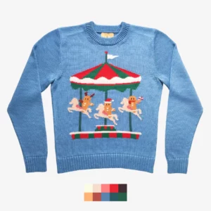 The catalogue photo of the Cookie-Go-Round, a handmade knit Christmas Sweater, designed and crafted by the knitting duo Knytworks, showing three gingerbread men riding a merry-go-round.