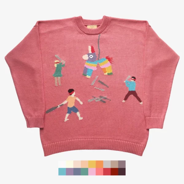 The catalogue photo of the Reap What You Swing, a handmade knit sweater designed and crafted by the knitting duo Knytworks, showng three children wielding baseball bats as they strike a piñata, which, notably, is filled with more baseball bats.