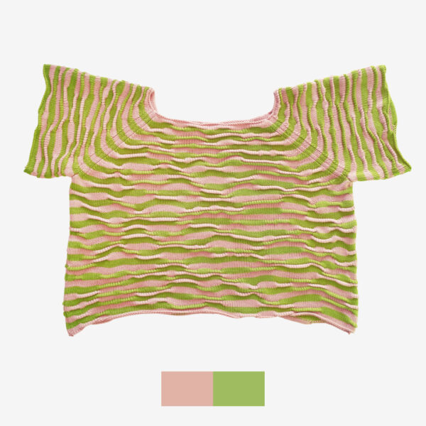 The catalog shot of Breezer (Caramel), a handmade knit t-shirt with a bumpy texture, crafted with a unique knitting technique, in warm tones of Soft Caramel and Chartreuse, made by Knytworks.