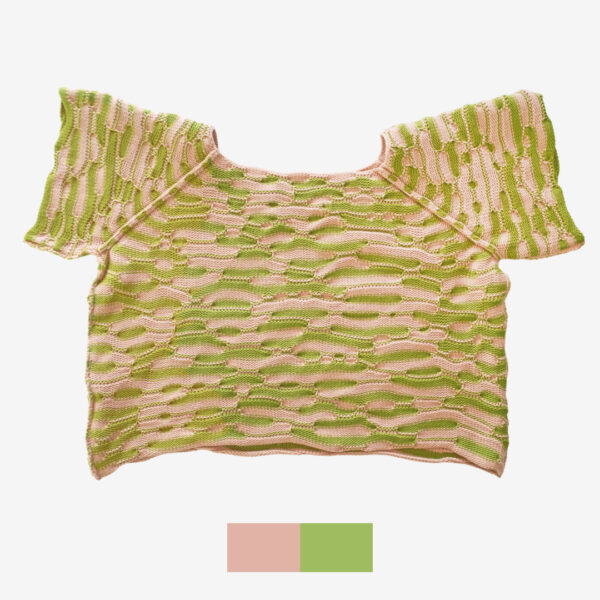 A catalog-style shot of Breezer (Caramel), showcasing the inside of the handmade knit t-shirt. The unique bumpy texture and intricate knitting technique are highlighted from the inside out, emphasizing the craftsmanship and warm tones of Soft Caramel and Chartreuse.