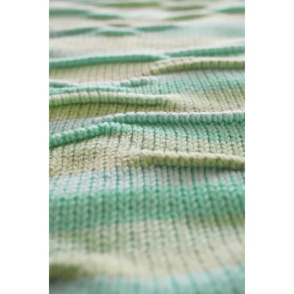 A close-up shot of Breezer (Mint), capturing the intricate bumpy texture in detail. The unique knitting technique and warm tones of Minty Ice Blue and Muted Olive come to life in this handmade piece